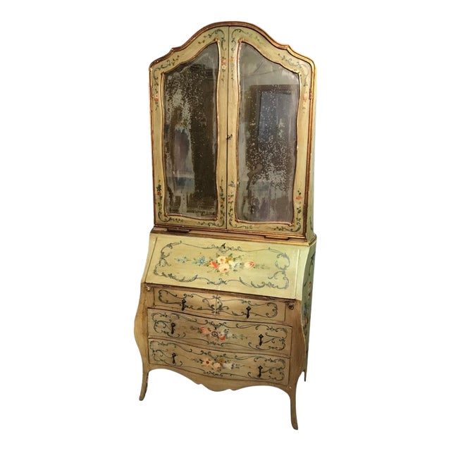 Antique Venetian Painted Secretary Bookcase with Floral Decoration, 1800 For Sale