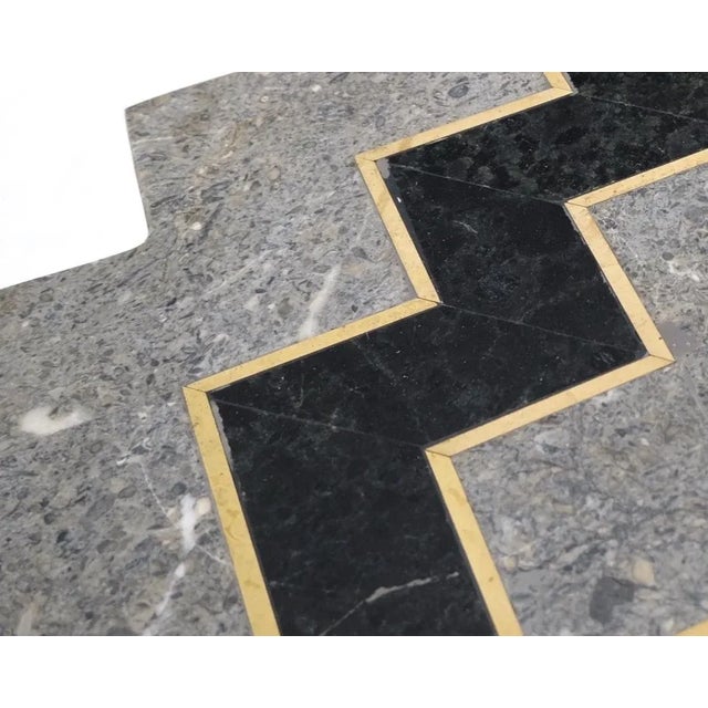 Stone Gray Tessellated Stone Brass Inlay Square Pedestal Stand End Table Black & Grey For Sale - Image 8 of 13