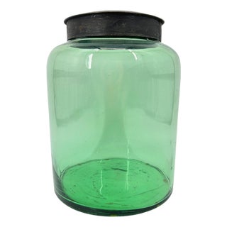 Antique Green Blown Glass Canister With Metal Lid For Sale