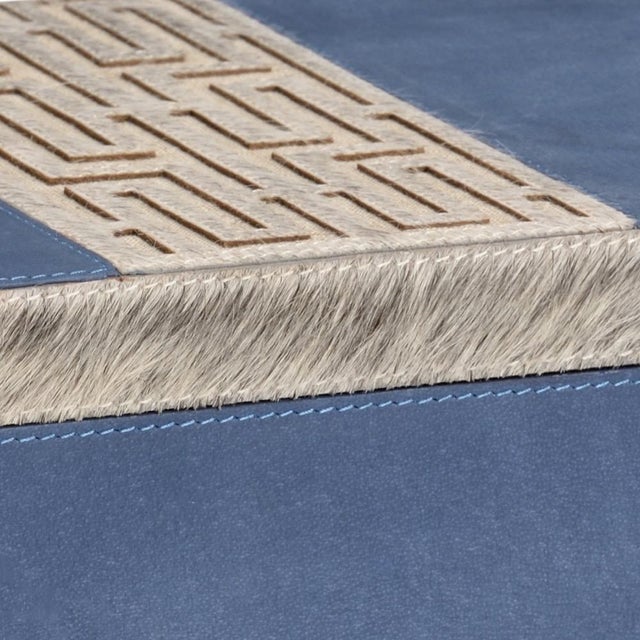 Blue suede box with gray hair on hide embellishment, black faux suede liner 6.5h x 15w x 9d