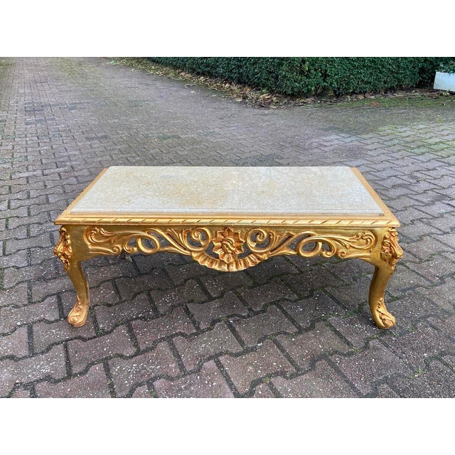 Baroque 1970s Italian Artisan Baroque Gold Beech Marble Table For Sale - Image 3 of 12