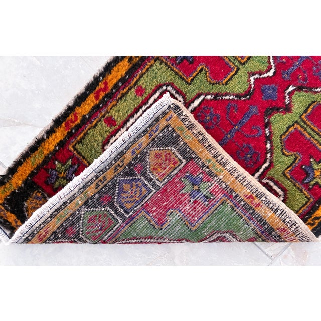 1970s Hand Made Turkish Mat Rug Colorful Small Rug Kitchen Mat Organic Wool - 1'8" X 3'5" For Sale - Image 10 of 11