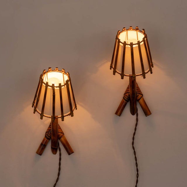 Louis Sognot 1960s French Rattan Sconces by Louis Sognot - a Pair For Sale - Image 4 of 12