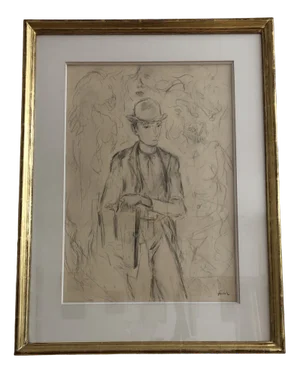 Henri Fehr, Étude d'Homme Au Chapeau, Pencil on Paper, Framed