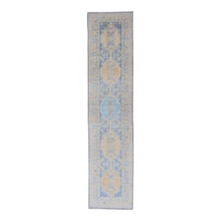 Turkish Oushak Runner in Pale Blue and Soft Gold Medallion Design 2'7 X 12'1 For Sale