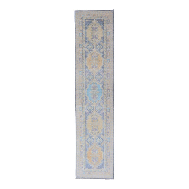 Turkish Oushak Runner in Pale Blue and Soft Gold Medallion Design 2'7 X 12'1 For Sale
