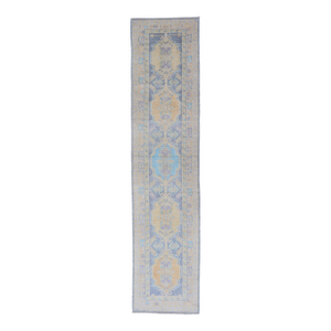 Turkish Oushak Runner in Pale Blue and Soft Gold Medallion Design 2'7 X 12'1