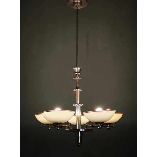Art Deco Nickel Chandelier with Champagne Glass Shades, 1930s For Sale - Image 3 of 15