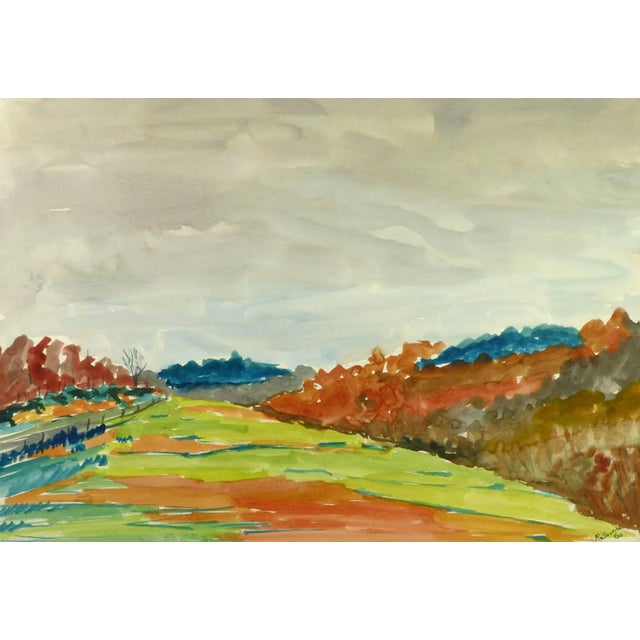 R. Boutin, Fall Landscape Watercolor - Green Field With Grey Skies and Autumn Colors For Sale