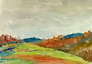 R. Boutin, Fall Landscape Watercolor - Green Field With Grey Skies and Autumn Colors