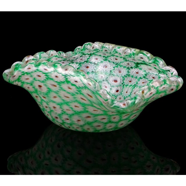 Fratelli Toso Vintage Murano Fratelli Toso Millefiori Green White Flower Mosaic Italian Art Glass Ruffle Edge Bowl For Sale - Image 4 of 8