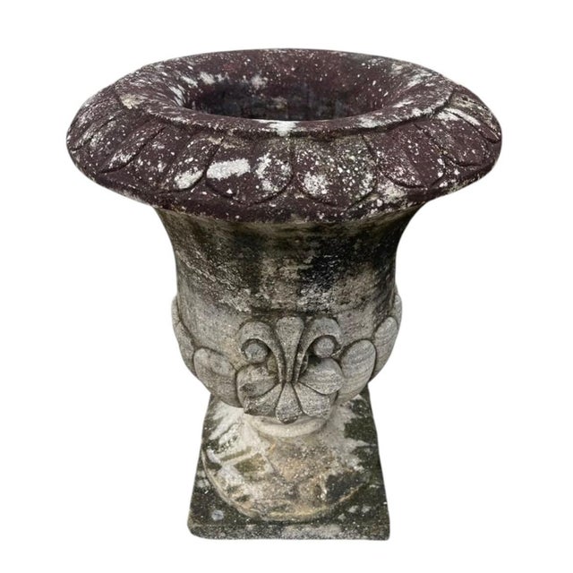 Vintage Classical Cast Stone Garden Urn With Fleur-De-Lis Relief & Weathered Patina For Sale - Image 4 of 12