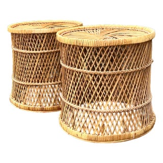 Vintage Woven Rattan Accent Tables - Set of 2 For Sale