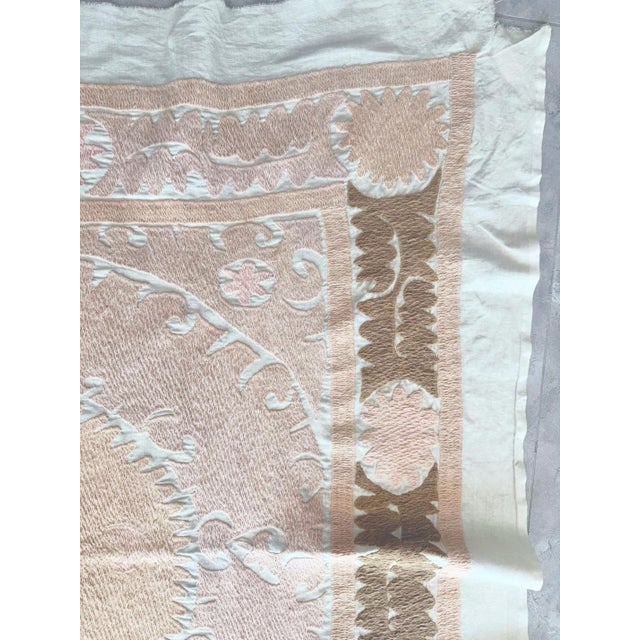 1960s Suzani Embroidered Wall Hanging - Neutral Tan Uzbekistan Embroidery 4'4'' X 4'6'' For Sale - Image 5 of 8