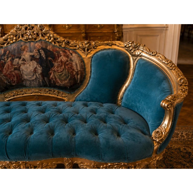 1900s French Louis XVI Blue/Green/Teal Velvet Sofa Set-5 Pc For Sale - Image 16 of 18