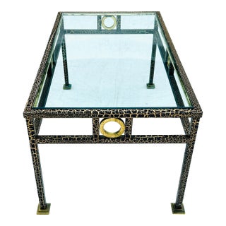 1990s Vintage Hollywood Regency Style Iron & Brass Glass Top Coffee Table For Sale