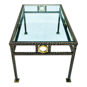 1990s Vintage Hollywood Regency Style Iron & Brass Glass Top Coffee Table