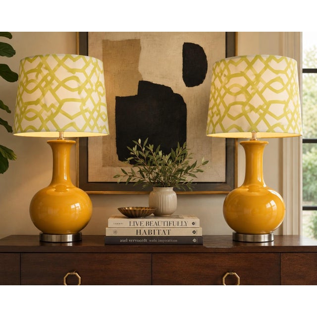 Mid-Century Modern Late 20th Century 70s-Style Mustard Ceramic Gourd Table Lamps With Geometric Shades - a Pair For Sale - Image 3 of 5