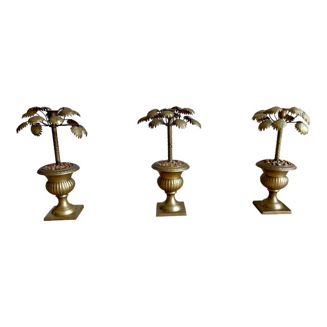 Vintage Heavy Brass Palm Tree Candlesticks in Urn Bases – Set of Three – Circa 1970s For Sale