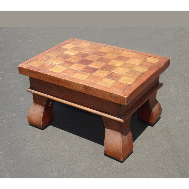 French Country Vintage French Country Oak Checkered Brown Footstool For Sale - Image 3 of 12