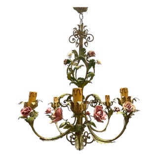 Florentine Tole Ceramic Flower Chandelier, 1960s For Sale