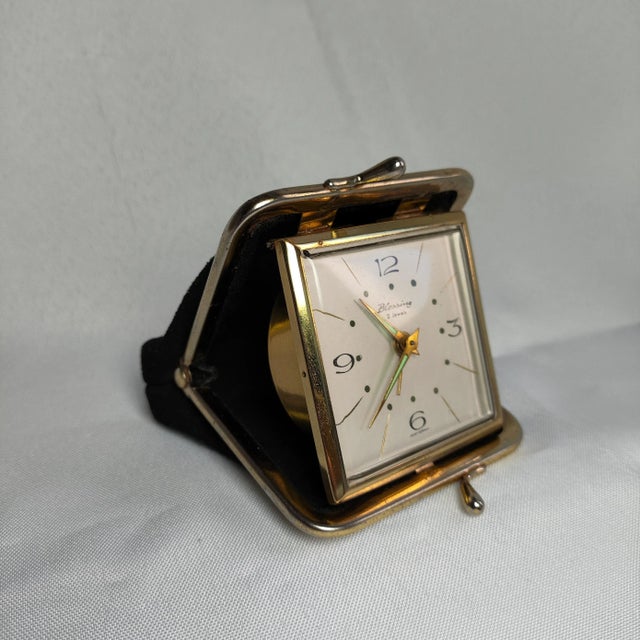 1970s 1970 German Folding Mechanical Travel Alarm Clock in Black Leather Wallet. "Blessing" For Sale - Image 5 of 7