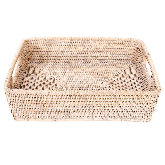 White Artifacts Rattan Rectangular Storage Basket with Rounded Corners in White Wash - 14" For Sale - Image 8 of 8