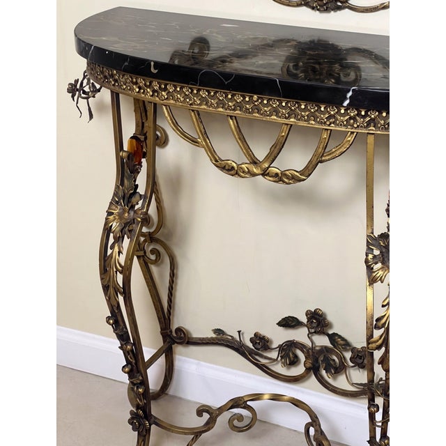 1920s Oscar Bach Gilded Iron Console and Beveled Mirror Set With Black Marble Top, Attributed For Sale In Philadelphia - Image 6 of 18
