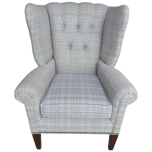 Tufted Blue and Gray Houndstooth Wingback Chair For Sale - Image 17 of 18