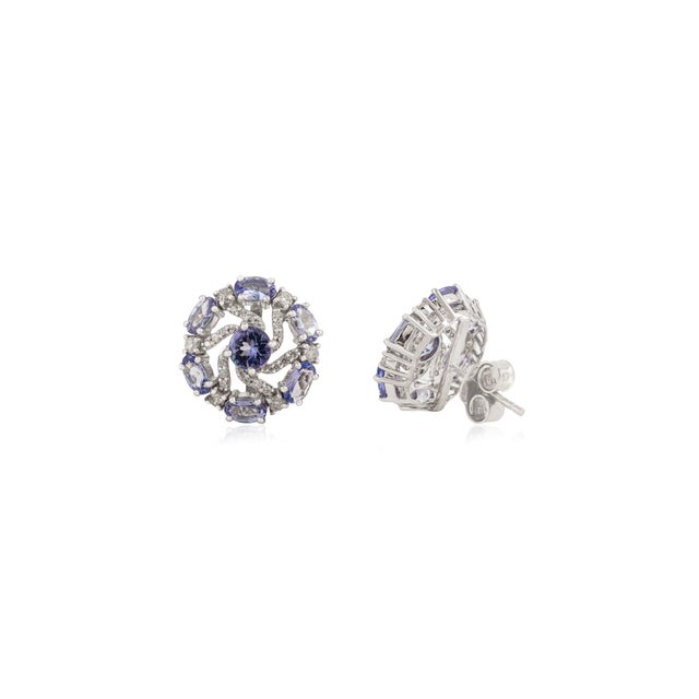 Boho Chic Mid-Century Solid Silver Tanzanite & Diamond Swirl Cluster Stud Earrings- 2 Pieces For Sale - Image 3 of 10