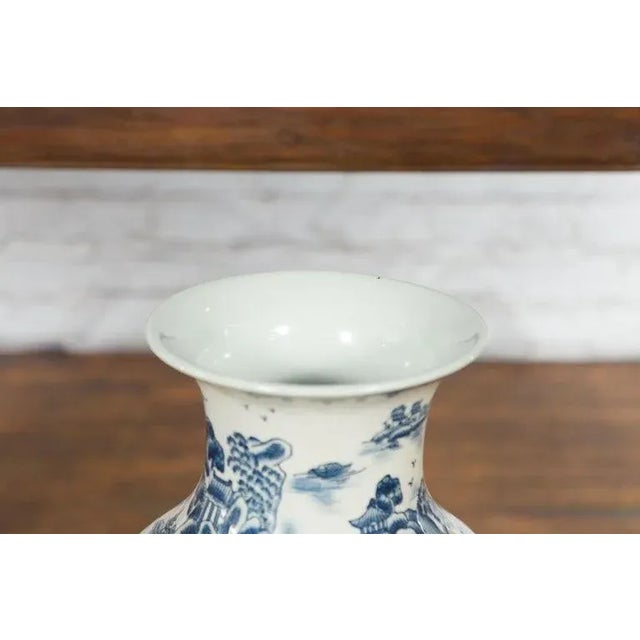 Vintage Chinese Blue & White Porcelain Vase with Landscapes & Architectures For Sale - Image 12 of 13