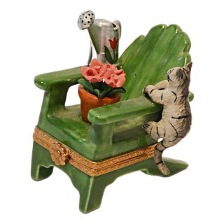 Vintage Rochard Limoges Porcelain Cat on Adirondack Garden Chair Trinket Box – Circa Late 20th Century For Sale