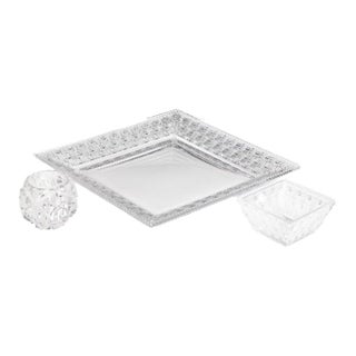 Tiffany & Co. Clear Crystal 3-Piece Tableware Suite: "Woven" Platter, "Woven" Square Bowl & "Rock Cut" Votive Holder For Sale