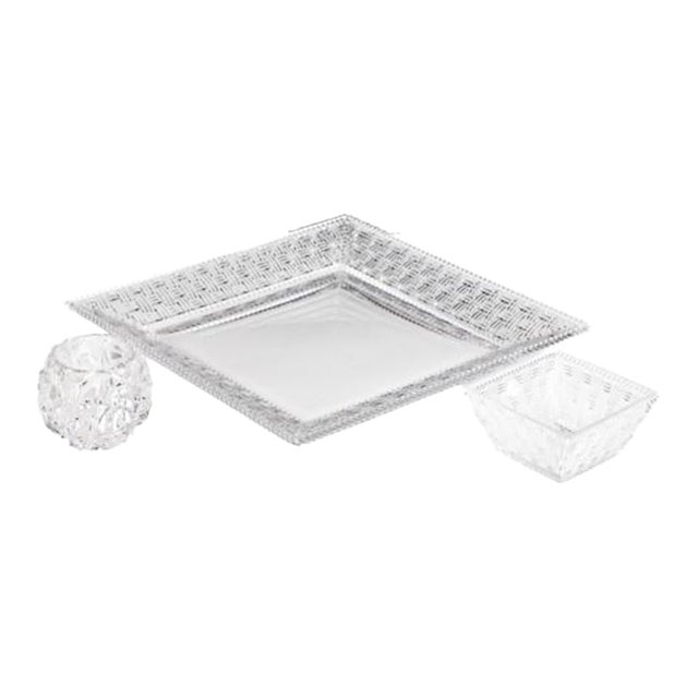 Tiffany & Co. Clear Crystal 3-Piece Tableware Suite: "Woven" Platter, "Woven" Square Bowl & "Rock Cut" Votive Holder For Sale