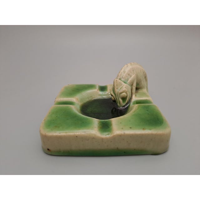 Art Deco Ashtray with Chameleon with Deep Emerald Glaze by Charles Greber, Beauvais, France, 1930s, in Very Good...