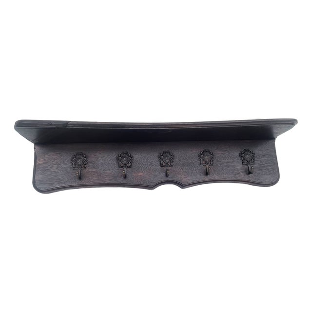 Stylish Wooden Shelf with Hooks in Oak, 1970s For Sale