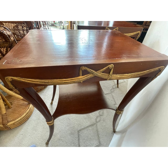 Pair of Klismos Leg Side Tables, Tooled Leather & Gilt Wood Swags For Sale - Image 9 of 12