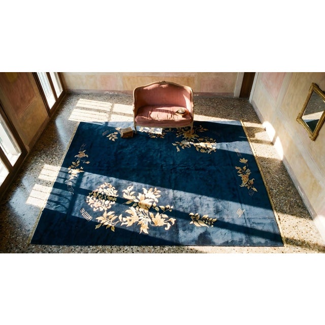 1930s Blue Navy Floral Modern Antique Chinese Art Deco Carpet 8'10" X 11'8" Handknotted Wool Rug For Sale - Image 13 of 15