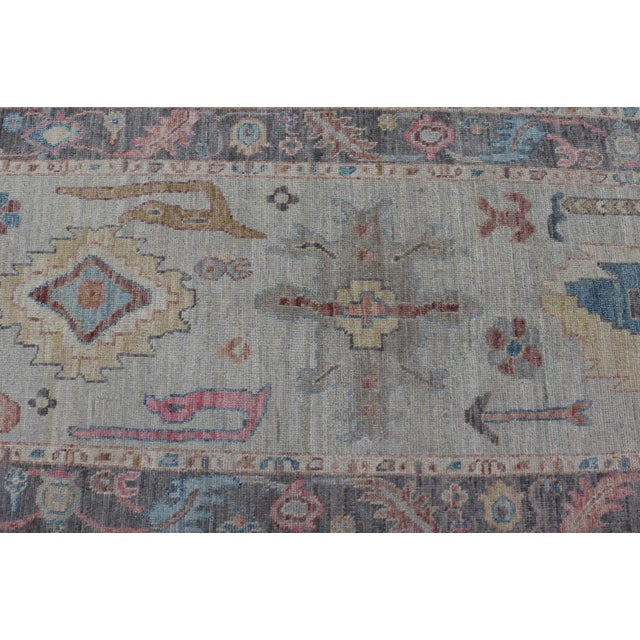 Cream Hand-Knotted Modern Tribal Oushak Long Runner in Wool With Colorful Motifs For Sale - Image 8 of 13