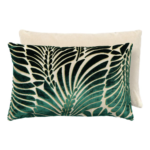 The House of Scalamandré Plumes / Velvet Lumbar Pillow, Viridian/beige, 22 X 14 For Sale