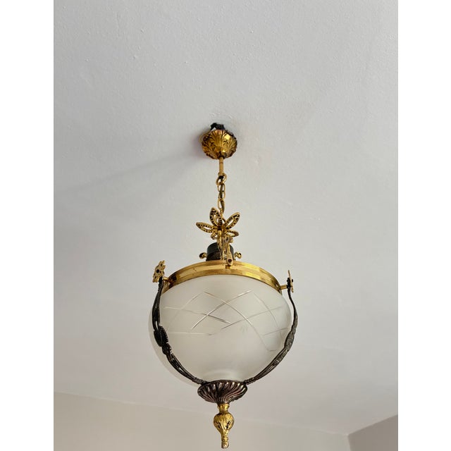 1960s French Brass & Etched Glass Bowl Pendant Light - Restored For Sale - Image 10 of 18