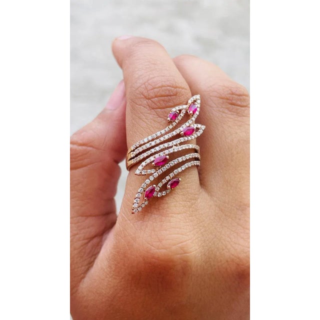 Rose 14k Rose Gold Marquise Cut Ruby Cocktail Ring With Diamonds Size 7 For Sale - Image 8 of 10