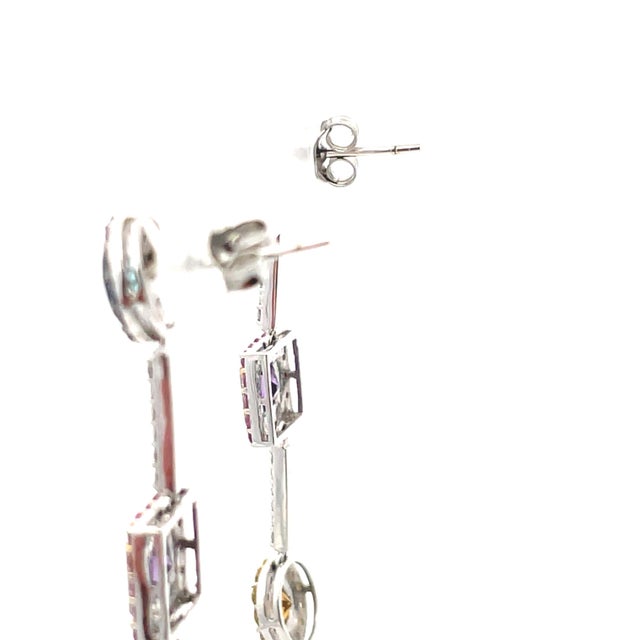 Early 21st Century 18k White Gold Multicolor Sapphire & Diamond Drop Dangle Earrings, Pair For Sale - Image 5 of 5
