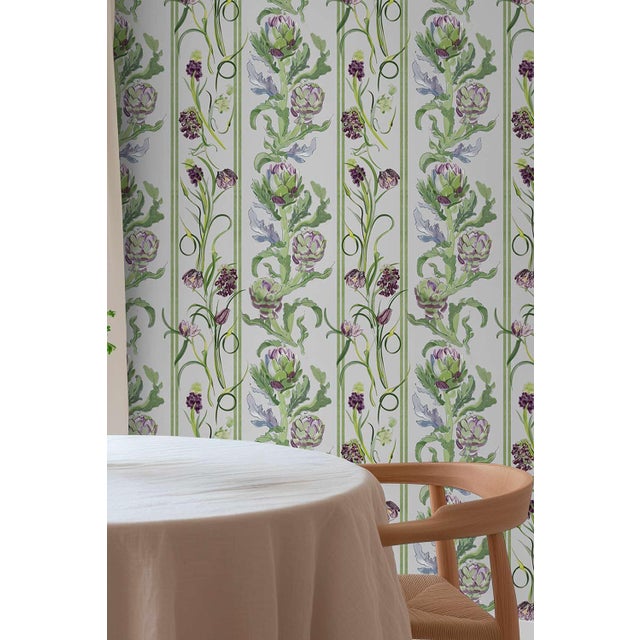 Lavender Artichoke Stem Stripe Grasscloth Wallpaper by House Party | Terra Verde | 6 Yards For Sale - Image 8 of 9