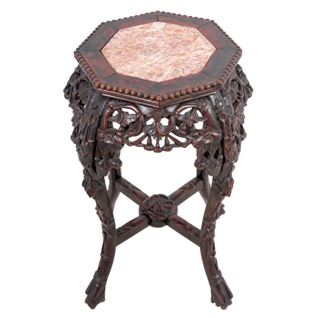Chinese Carved Hardwood and Marble Pedestal Table, late 19th century, octagonal shaped pedestal table. 24" H x 14.5" W x...