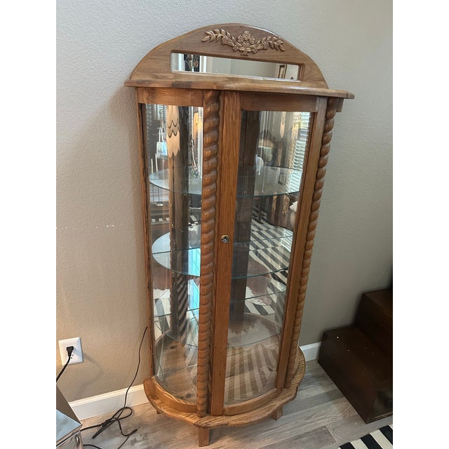 1980s 1980s Oak Curved Glass Lighted Curio Cabinet For Sale - Image 5 of 10