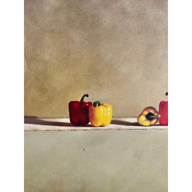 Rene Chavelle, Large Trompe L'oeil Oil Painting Rene Chavelle Belgian Photo Realist Peppers, c.1980's For Sale - Image 4 of 15