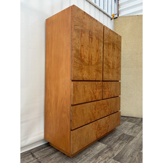 Vintage Recently Refinished Mid-Century Modern Burl Wood Highboy dresser in a Milo Baughman Style by Lane Altavista. Circa...