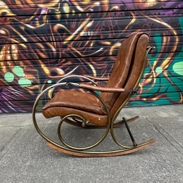 Lee L. Woodard & Sons Mid 20th Century Lee Woodard Sculptural Brass and Wood Rocking Chair For Sale - Image 4 of 12
