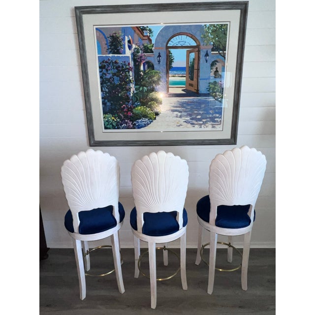 3 Grotto Style Carved Shell Counter Stools (Floor to Seat 26”) Refreshed in a soft antique whitewashed tone. The seats...
